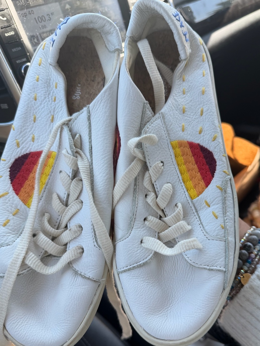 Soludos White Leather Sneakers with Rainbow Sun Embroidery